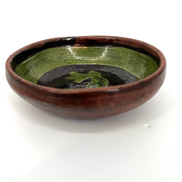 Vintage Patamban Michoacan Green Bowl Redware Pottery Mexico Folk Art - Picture 3 of 6